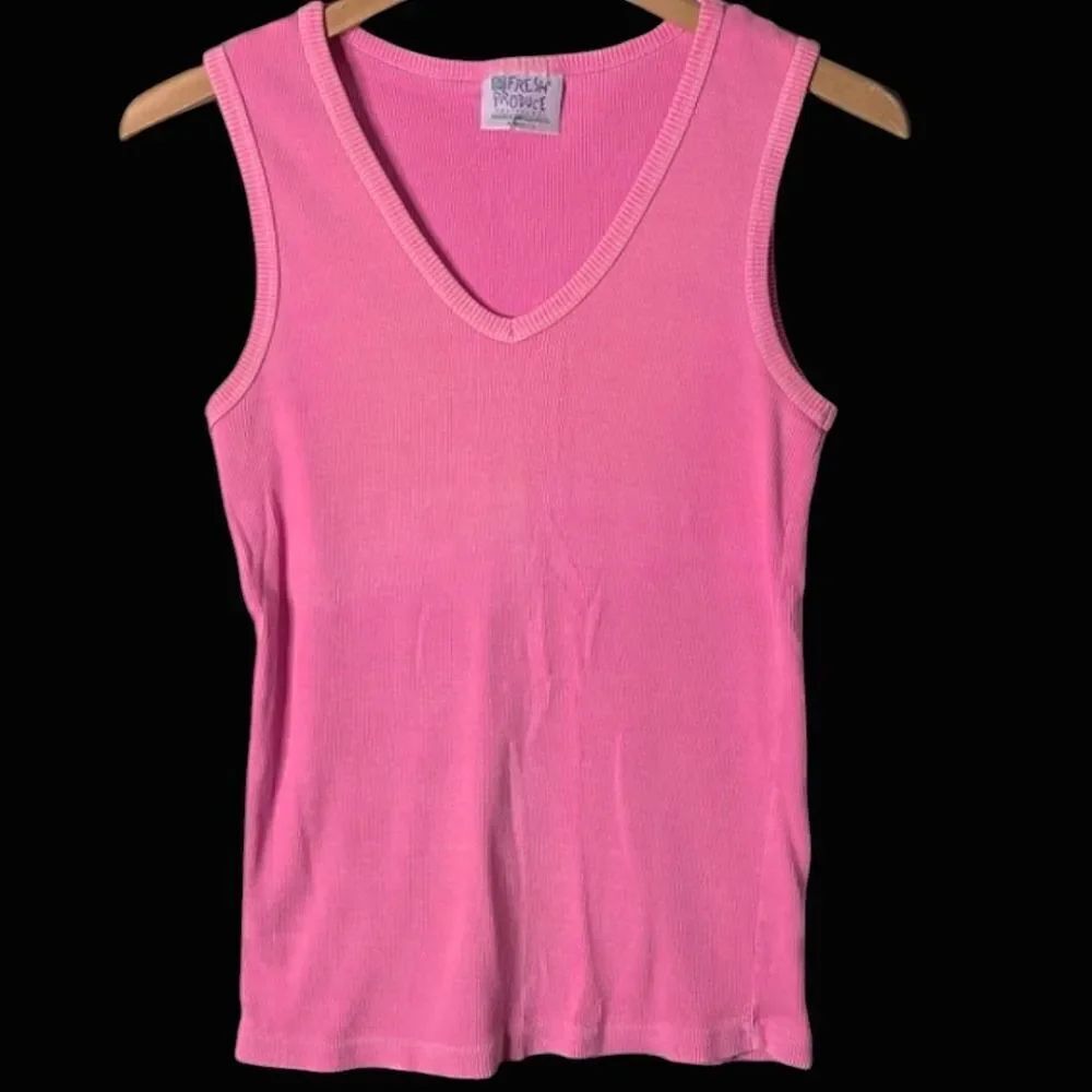 Fresh Produce Vintage Hot Pink V-Neck Ribbed Stetch Cotton Tank Top Size L